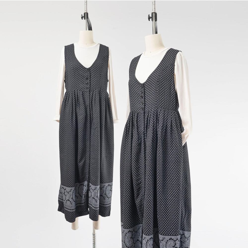 Vintage 90s Black Paisley Print Pinafore Maxi Dress with Pockets size M